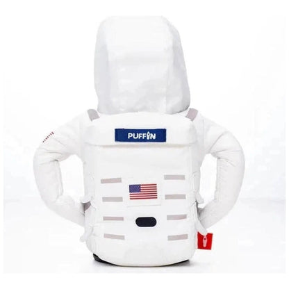 Back view of the Sandy White Puffin Coolers The Space Suit with an American flag patch and a red tag on the side against a white background.