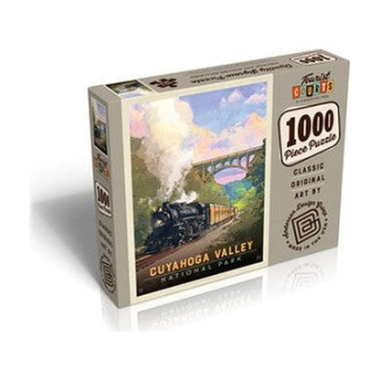 A box of the Pumpernickel Press Cuyahoga Valley Np - Historic Railway Puzzle showing a train on the front.