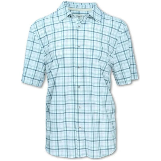 A front view of the Purnell Men's 4-Way Quick Dry Stretch Check Shirt in Green with a plaid pattern and short sleeves.