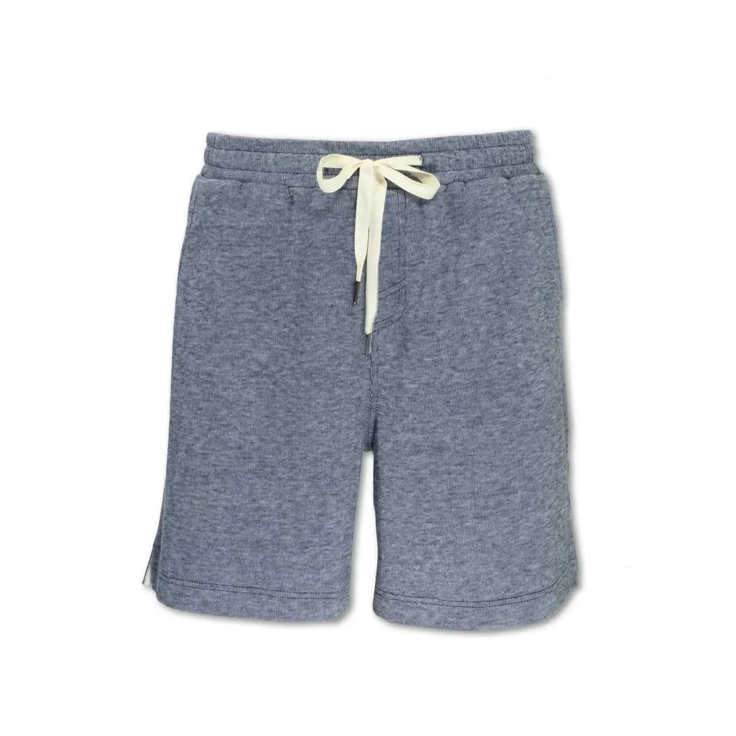 Indigo Purnell Men's Fleece Knit Shorts with a drawstring waist, shown from the front against a white background.