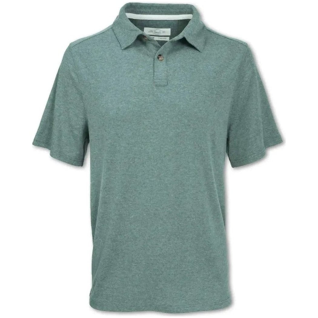 A front view of the Purnell Men's Performance Knit Heathered Polo in Green with a white background.
