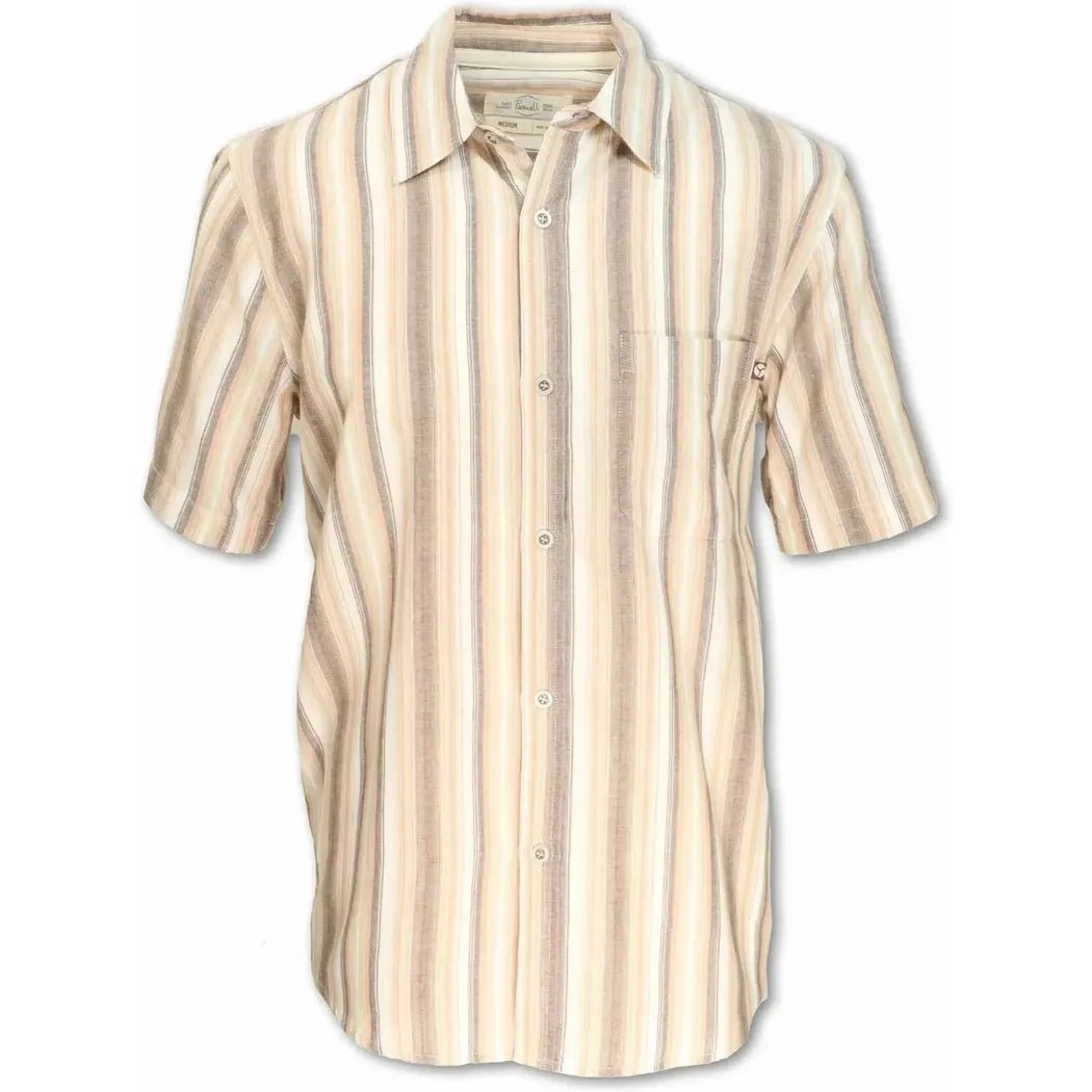A front view of the Purnell Men's Short Sleeved Striped Shirt in Brown showing the button front and chest pocket against a white background.