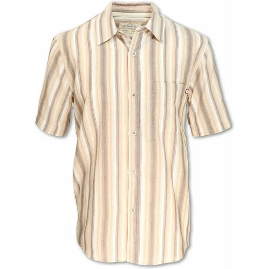 A front view of the Purnell Men's Short Sleeved Striped Shirt in Brown showing the button front and chest pocket against a white background.