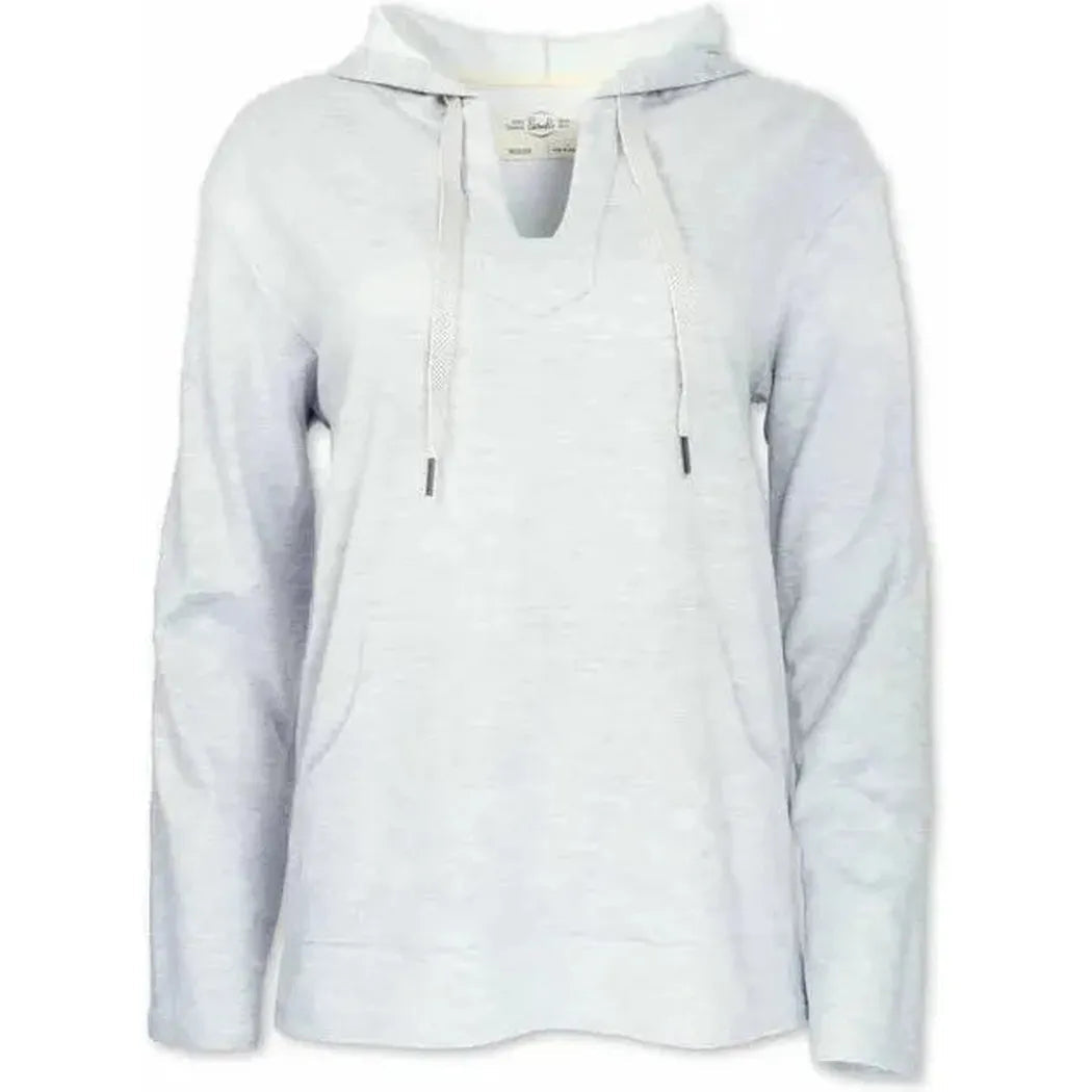 A front view of the Purnell Women's Fleece Knit Pullover in Light Grey with a hood and drawstrings against a white background.