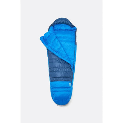 A left zip Rab Ascent 0C / 32F sleeping bag in Tempest Blue/Maya Blue is shown from a top down angle against a white background.