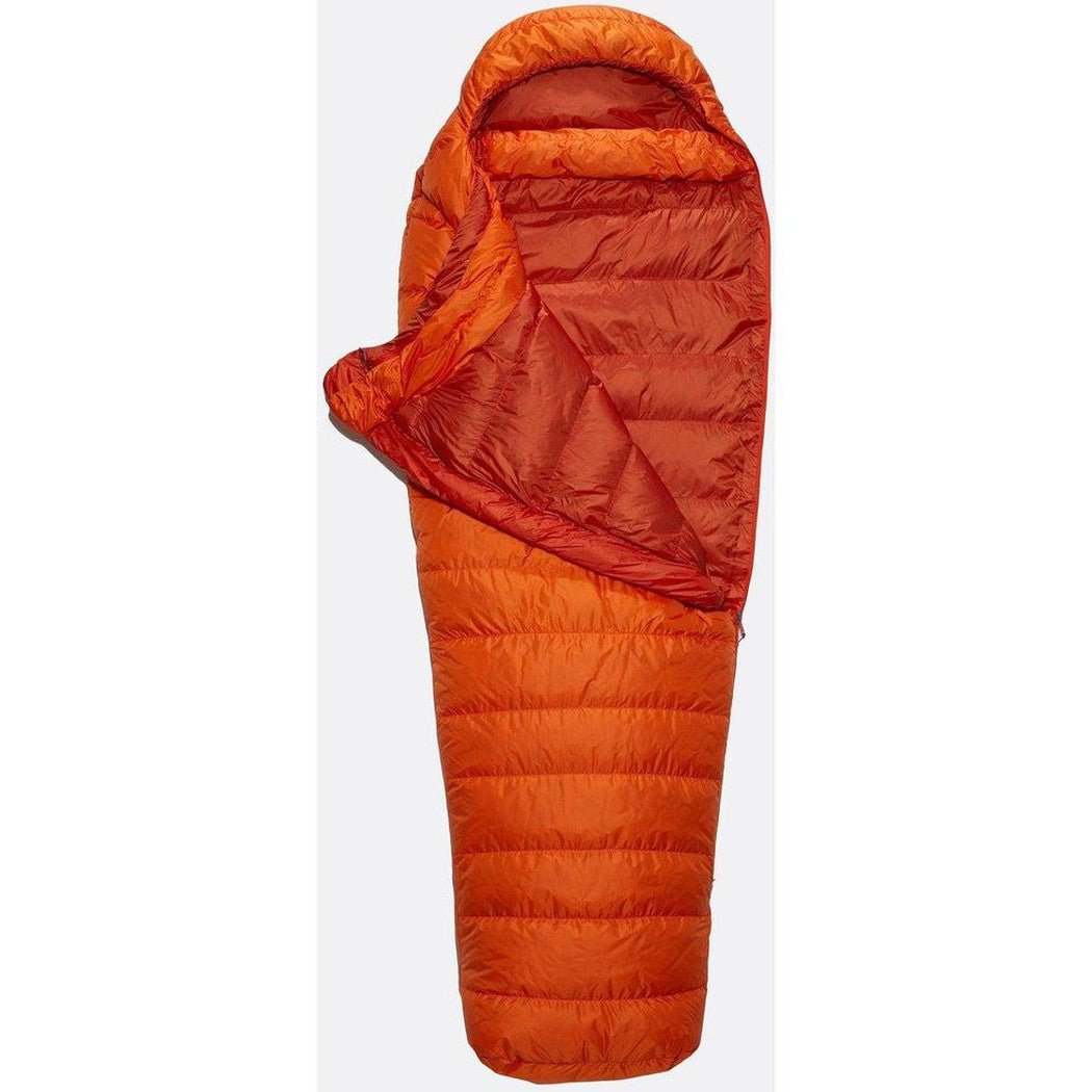 The Rab Ascent 300 sleeping bag in Regular orange is shown from a front view with its hood open, against a plain white background.