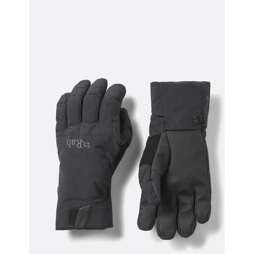Side view of the Rab Cresta GTX Gloves in Black showing the wrist strap and a white background.