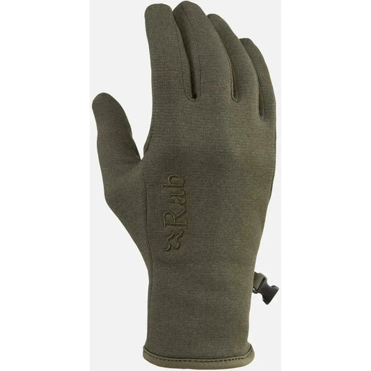 A front view of the Rab Geon Gloves in Army color with a drawcord closure and the brand name embossed on the palm.