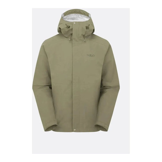 A front view of the Rab Men's Firewall Jacket in Light Khaki with a hood and front zipper, against a plain white background.
