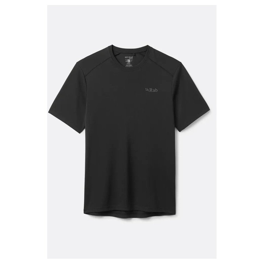 A front view of the Rab Men's Force Tee in Black, showing the short sleeves and small logo on the chest against a plain white background.