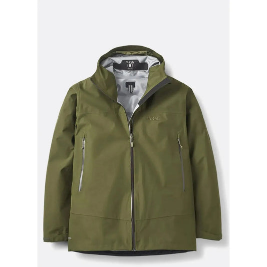 A front view of the Rab Men's Namche GTX Jacket in Army color showing the hood and zippered pockets against a plain white background.