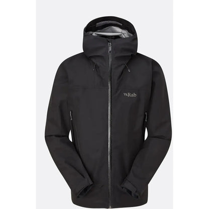 A front view of the black Rab Men's Namche GTX Jacket with a hood and zipper, against a plain white background.