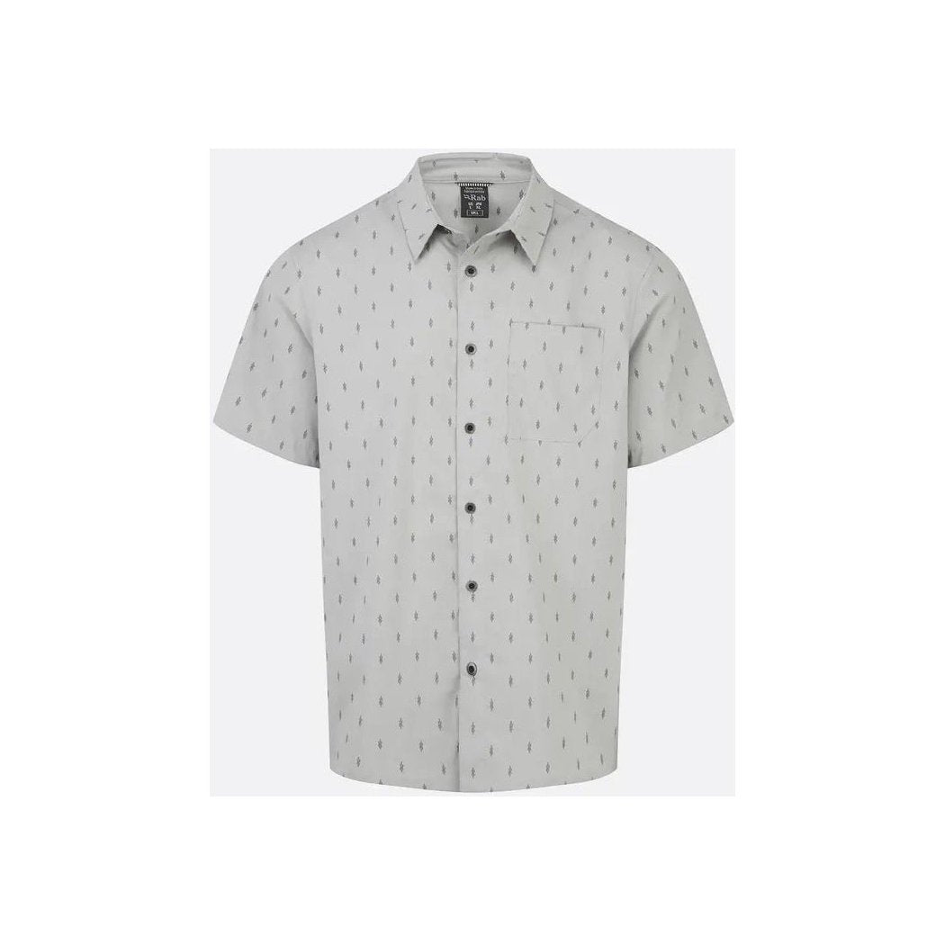 A front view of the Rab Men's Offgrid Shirt in Light Zinc with a subtle pattern, button-down collar, and chest pocket, displayed against a plain white background.