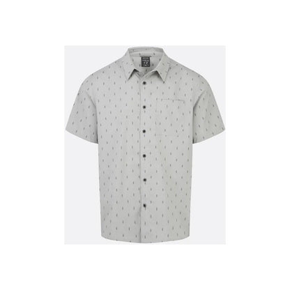 A front view of the Rab Men's Offgrid Shirt in Light Zinc with a subtle pattern, button-down collar, and chest pocket, displayed against a plain white background.