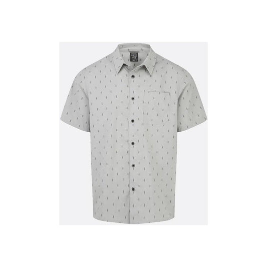 A front view of the Rab Men's Offgrid Shirt in Light Zinc with a subtle pattern, button-down collar, and chest pocket, displayed against a plain white background.