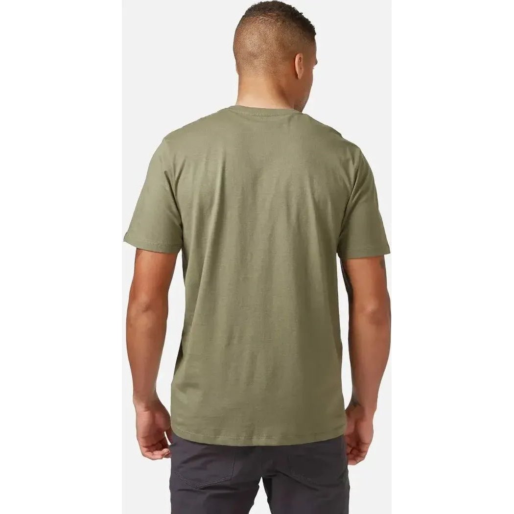 Back view of the Rab Men's Stance Logo Tee in Army color on a model against a plain white background.