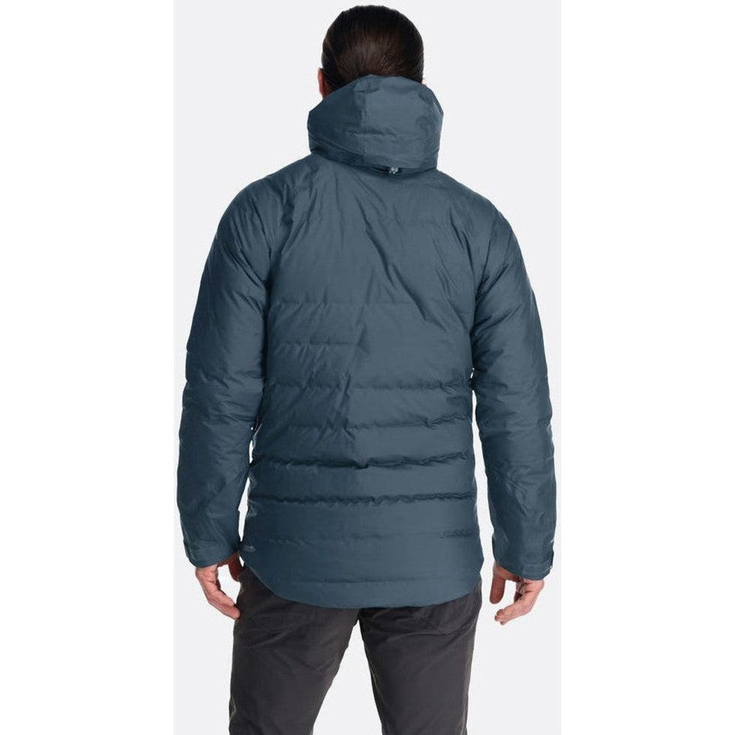 Back view of the Rab Men's Valiance Jacket in Black showing the hood and quilted design against a plain background.