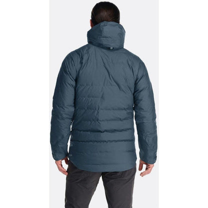 Back view of the Rab Men's Valiance Jacket in Black showing the hood and quilted design against a plain background.