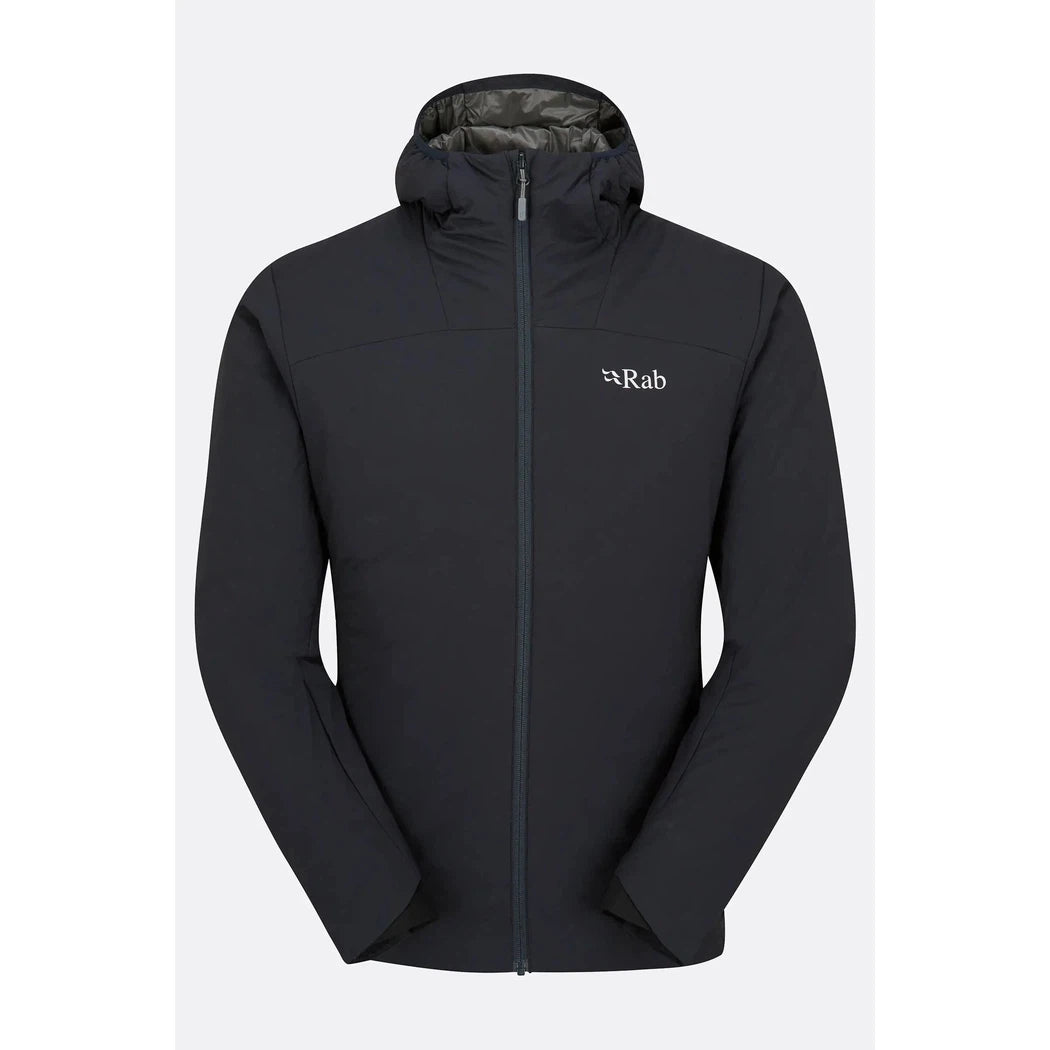 A front view of the Rab Men's Xenair Alpine Light Jacket in Black with a hood and zip closure against a plain background.