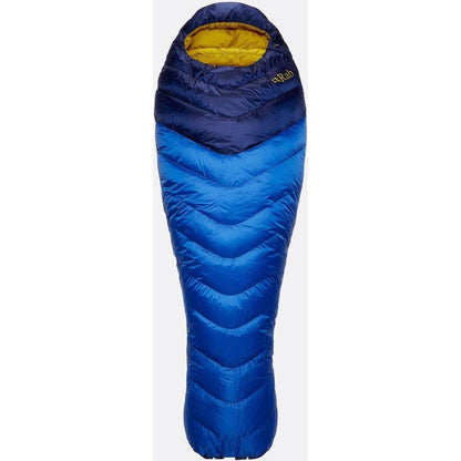 A front view of the Rab Neutrino 200 sleeping bag in Nightfall Blue with a yellow interior and a white background.