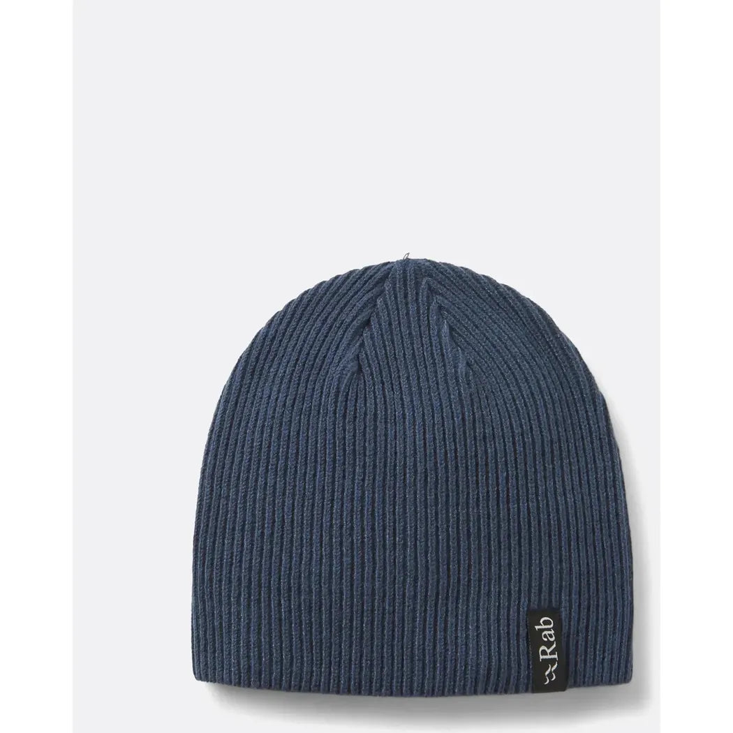 A front view of the Rab Perimeter Beanie in Black with a small Rab tag on the side against a plain white background.