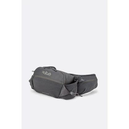 A charcoal Rab Protium 6 waist pack with zippers and straps displayed against a plain white background.