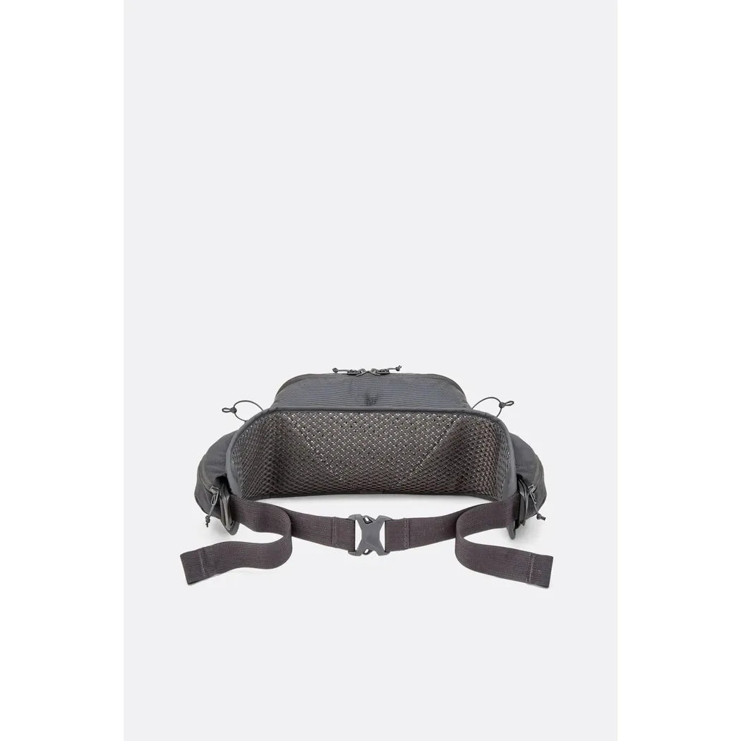Back view of the Rab Protium 6 in Anthracite showing the breathable mesh back panel and adjustable waist strap against a plain white background.