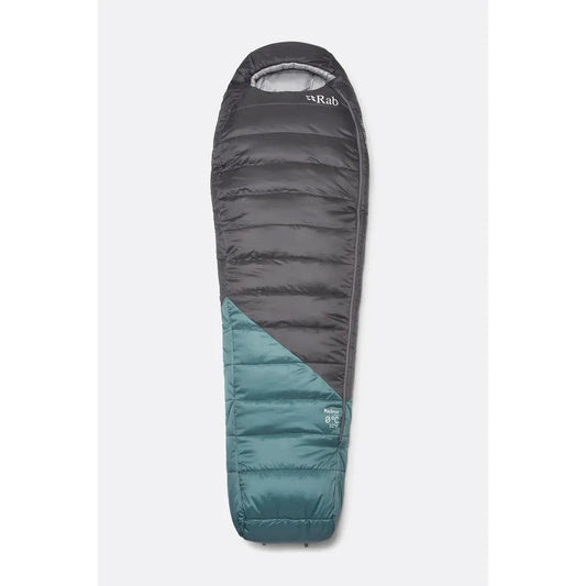 A top-down view of the Rab Radeon 0C / 32F - Left Zip sleeping bag in Sage/Graphene color against a white background.