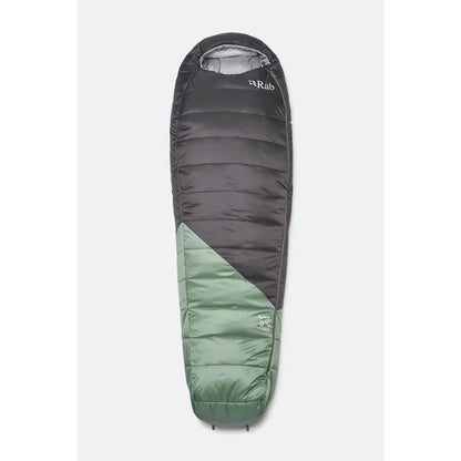 A top-down view of the Rab Radeon 0C / 32F Wmns REG - Left Zip sleeping bag in Dark Fig Green/Graphene, showing the left zip and quilted design against a plain white background.
