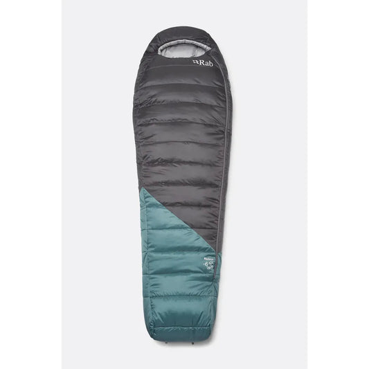 A left zip Rab Radeon -6C sleeping bag in Sage/Graphene color is shown from a top down angle against a white background.