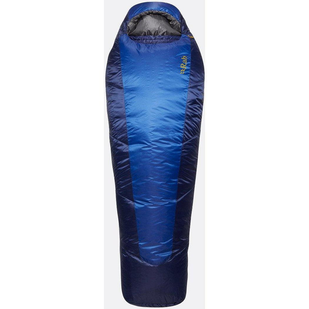 A front view of the Rab Solar Eco 2 sleeping bag in Ascent Blue with a dark gray hood and a white background.