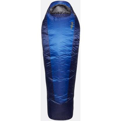 A front view of the Rab Solar Eco 2 sleeping bag in Ascent Blue with a dark gray hood and a white background.