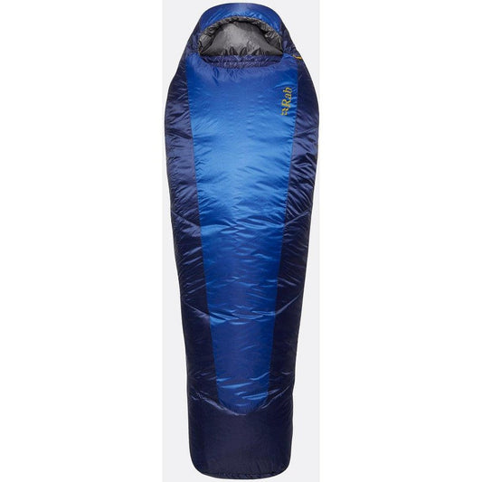 A front view of the Rab Solar Eco 2 sleeping bag in Ascent Blue with a dark gray hood and a white background.