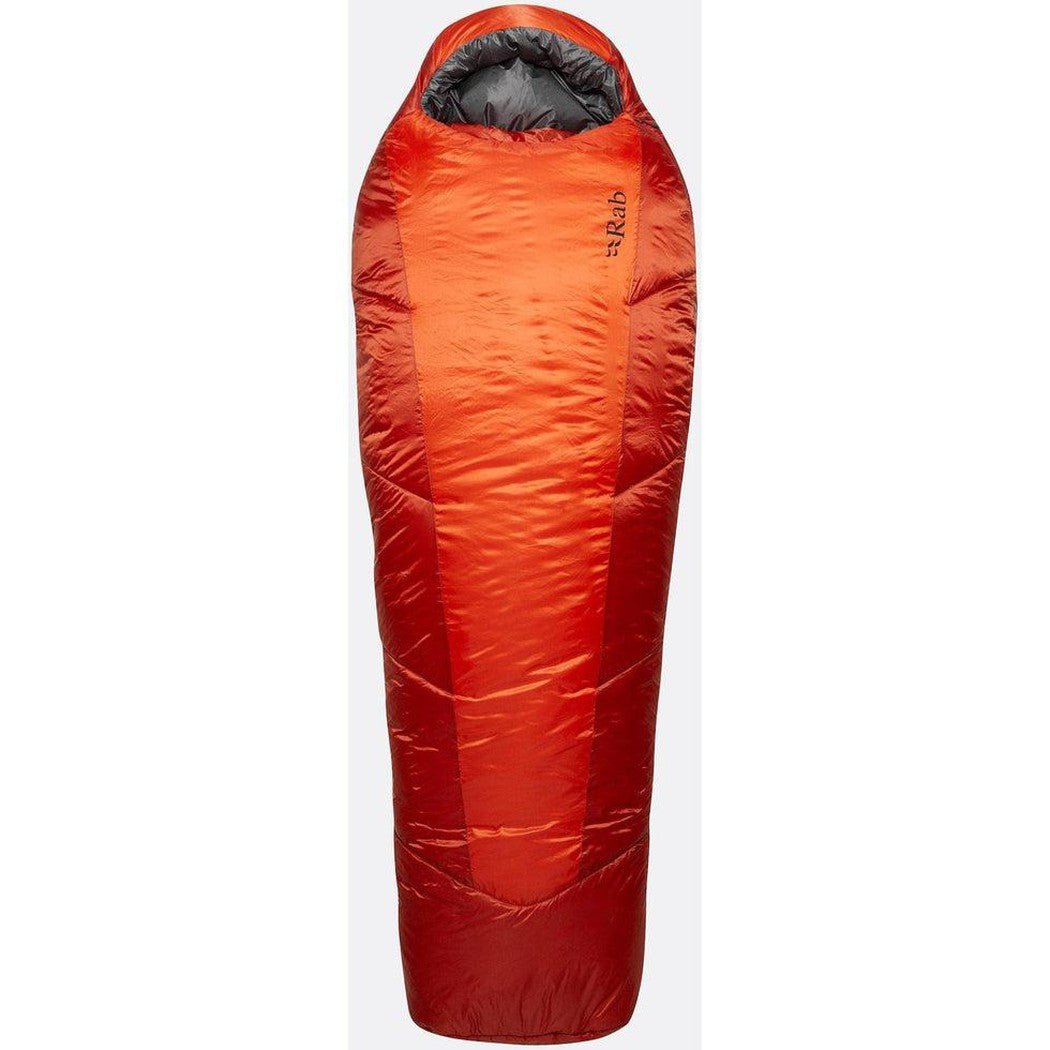 Side view of the Rab Solar Eco 4 Firecracker sleeping bag with a charcoal interior against a white background.
