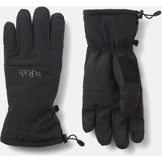 Front and back view of the black Rab Storm Gloves with a drawstring cuff and a logo on the palm.