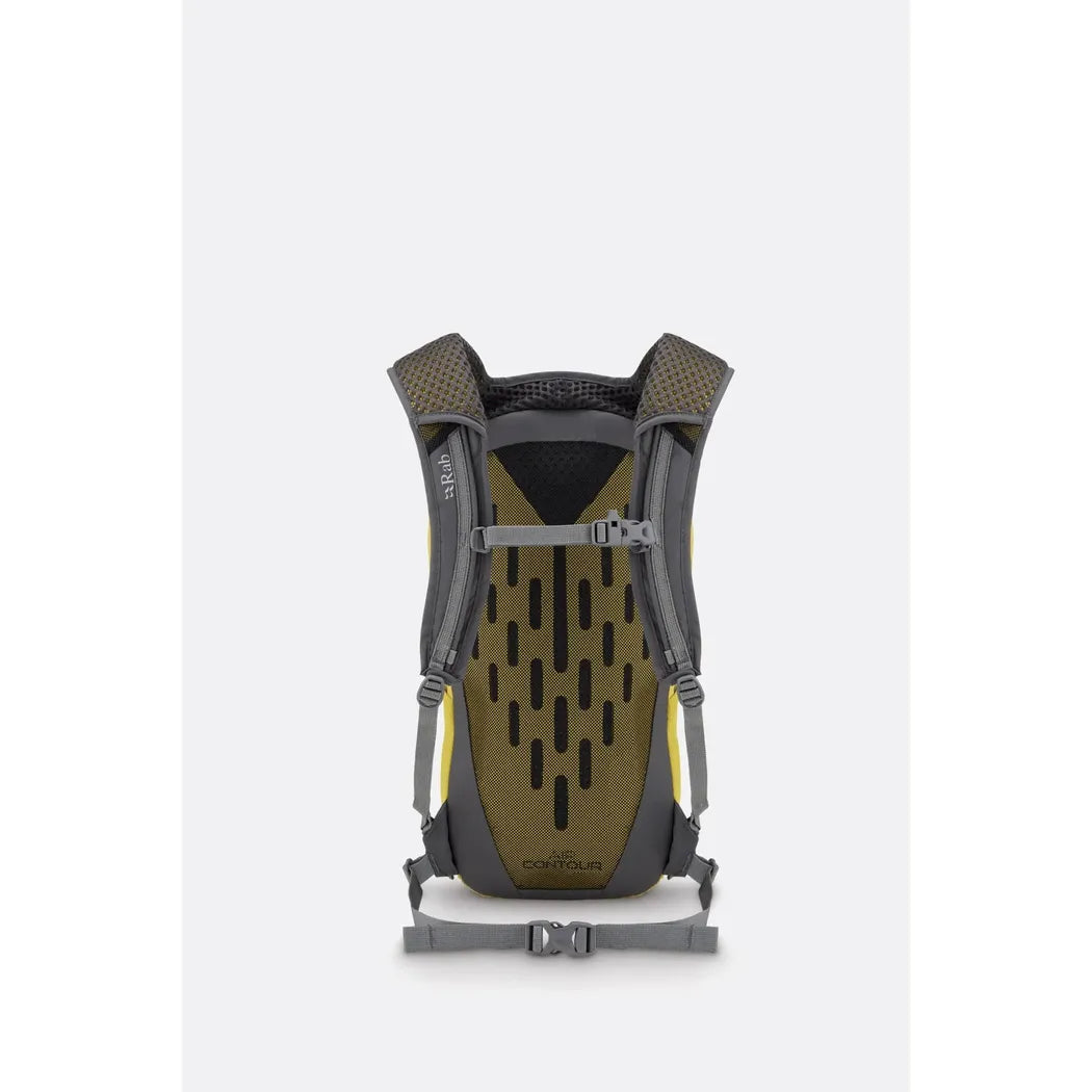 Back view of the Rab Tygen 12 backpack in Black showing the breathable back panel and waist strap against a white background.