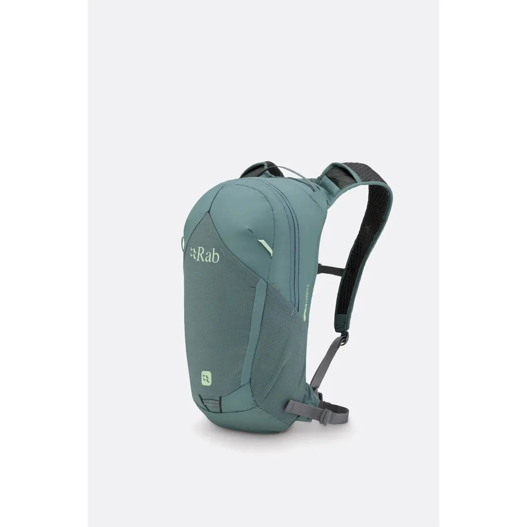 Side view of the Rab Tygen 12 daypack in Black against a plain white background.