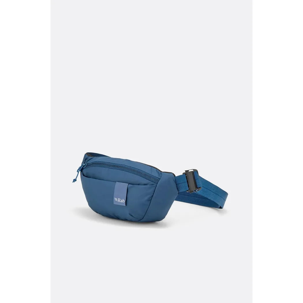 A side view of the Rab Tygen 2 fanny pack in Black against a plain white background.