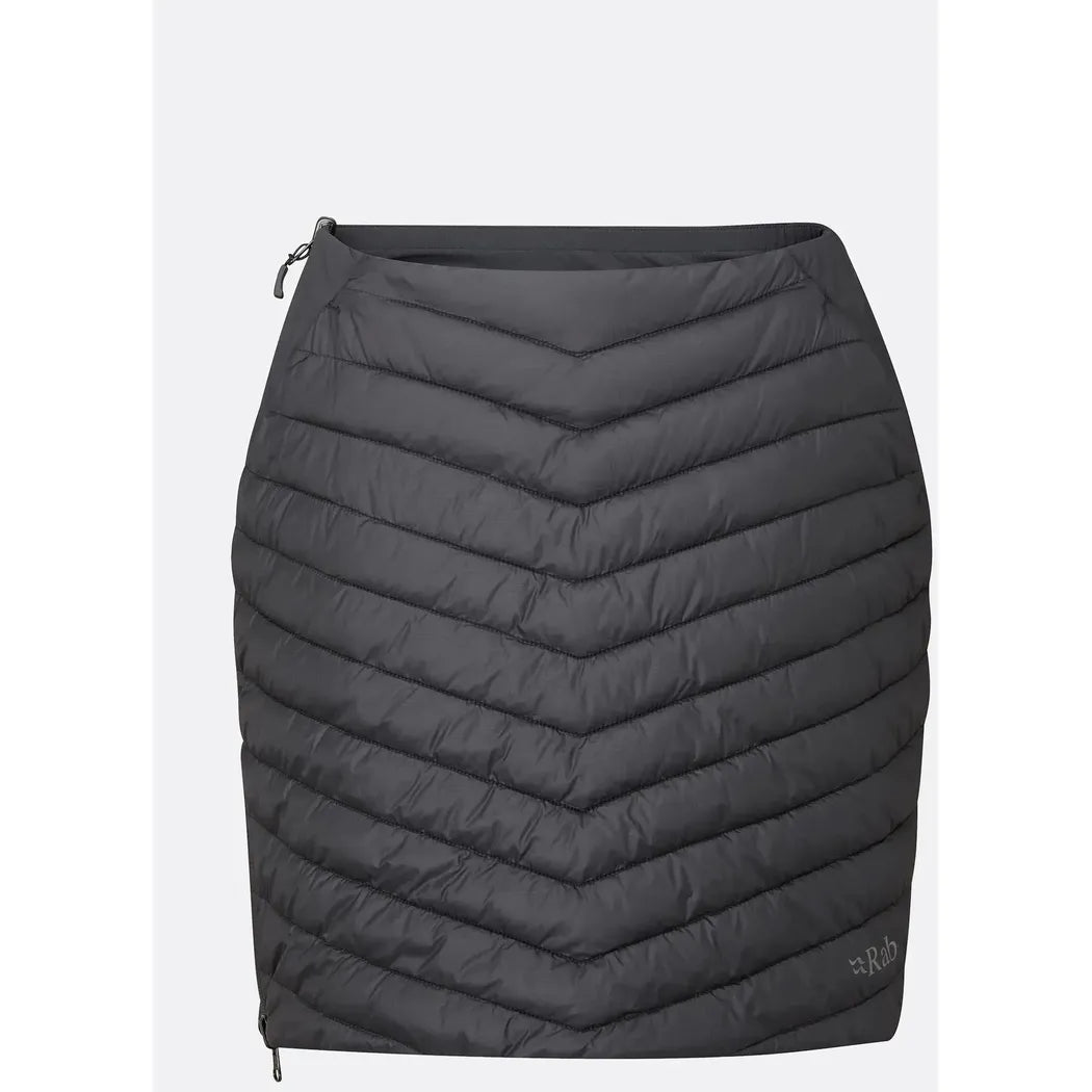 A front view of the Rab Women's Cirrus Skirt in Black/Graphene with a chevron quilting pattern and a side zipper, against a plain white background.