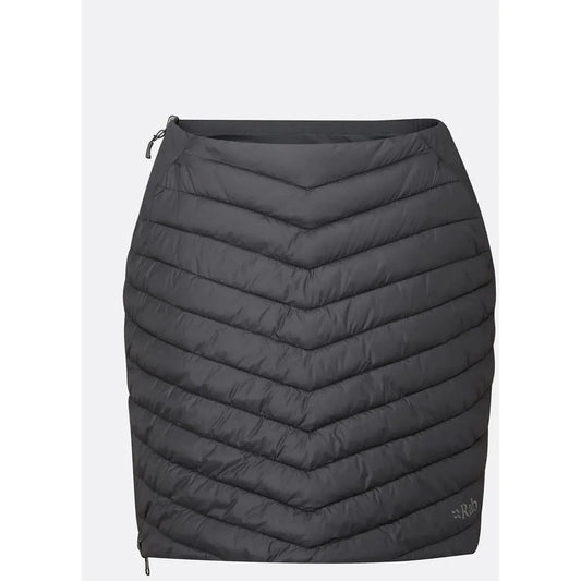 A front view of the Rab Women's Cirrus Skirt in Black/Graphene with a chevron quilting pattern and a side zipper, against a plain white background.