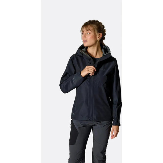 Side view of the Rab Women's Downpour Jacket in Black on a model against a white background.