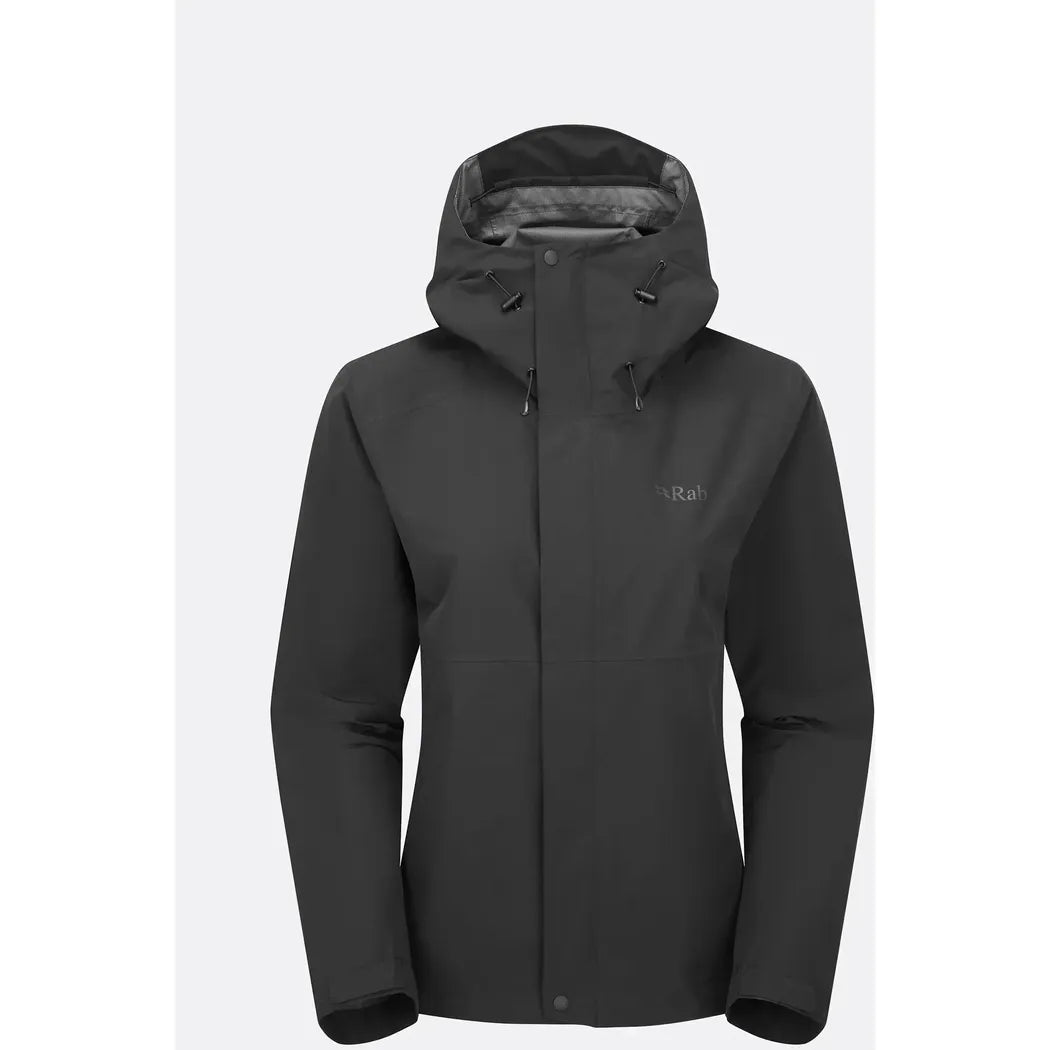 A front view of the Rab Women's Downpour Jacket in Black with a hood and zipper, against a plain white background.
