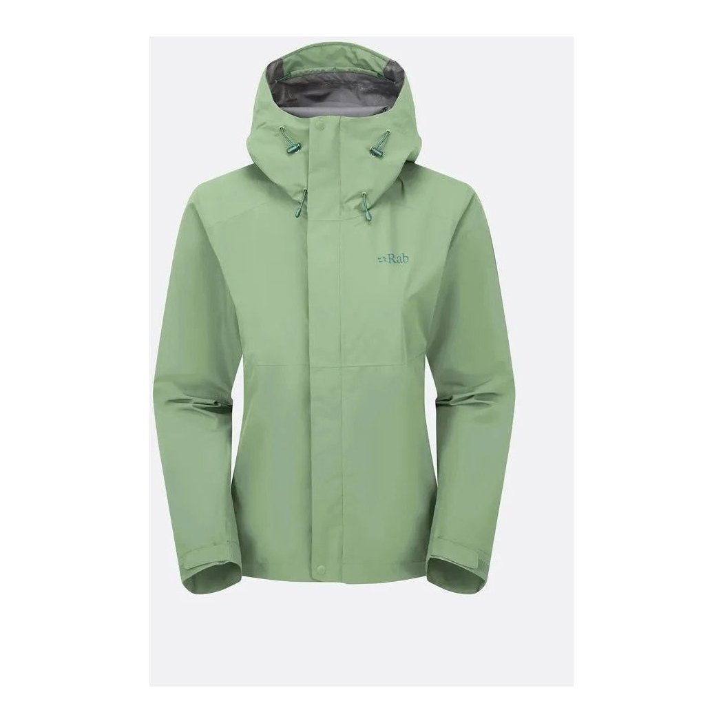 A front view of the Rab Women's Downpour Jacket in Black with a hood and visible logo against a plain white background.