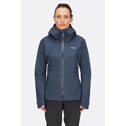 A front view of the Rab Women's Downpour Light Jacket in Tempest Blue on a model against a plain white background.
