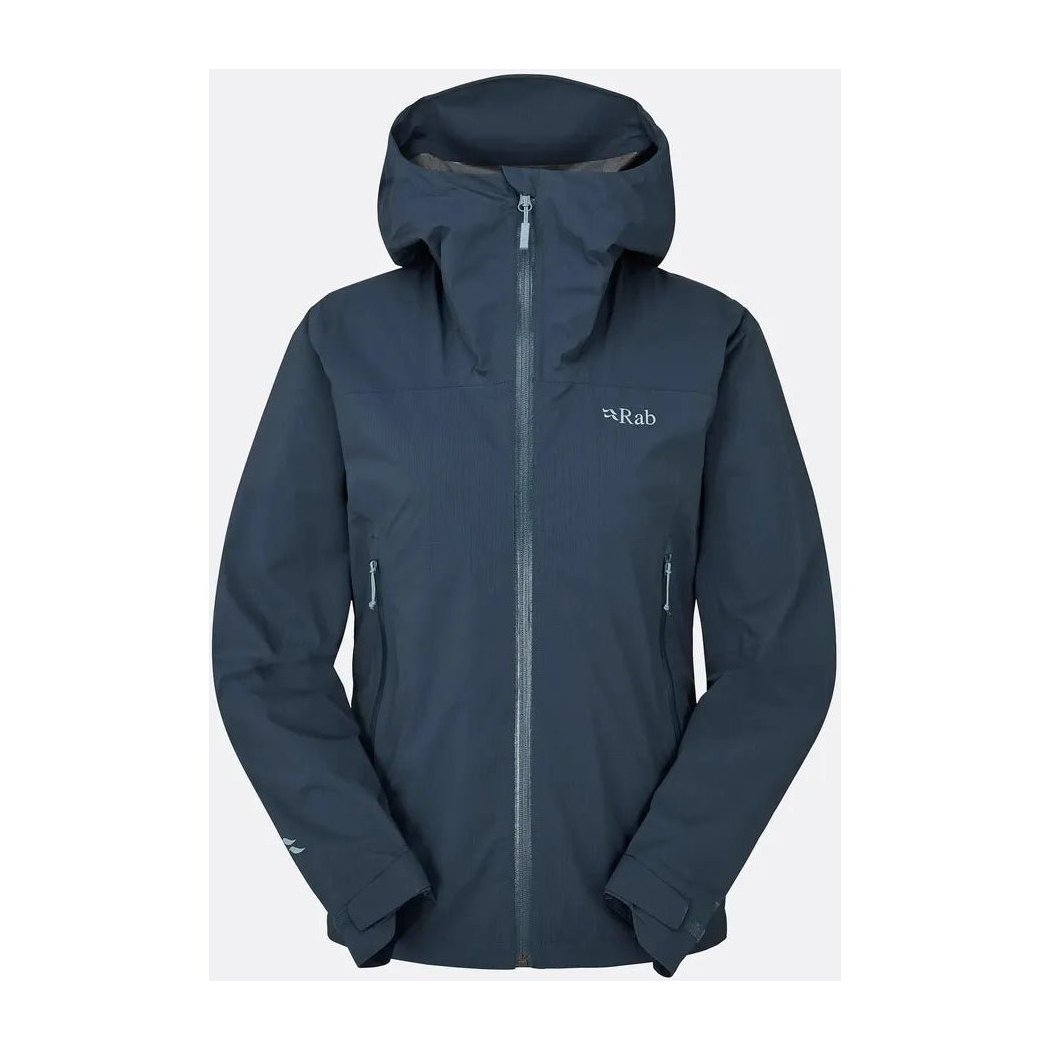 A front view of the Rab Women's Downpour Light Jacket in Tempest Blue with a hood and zippered pockets against a light background.