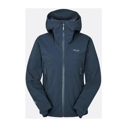 A front view of the Rab Women's Downpour Light Jacket in Tempest Blue with a hood and zippered pockets against a light background.