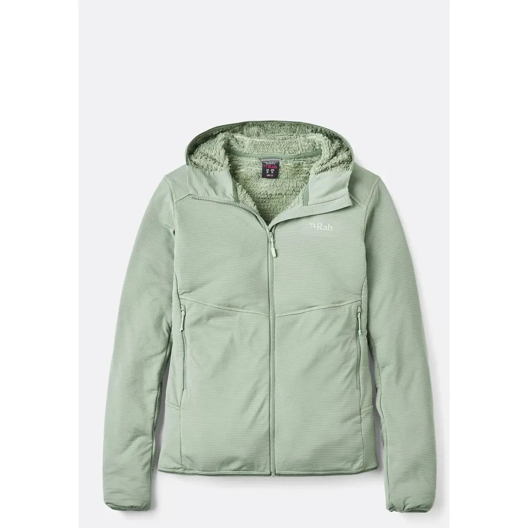 A front view of the Rab Women's Evolute Hoody in Dark Fig Green with a hood and zippered pockets against a white background.