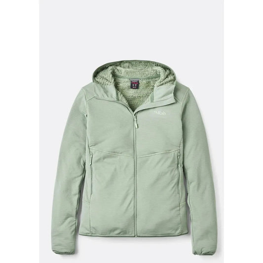 A front view of the Rab Women's Evolute Hoody in Dark Fig Green with a hood and zippered pockets against a white background.