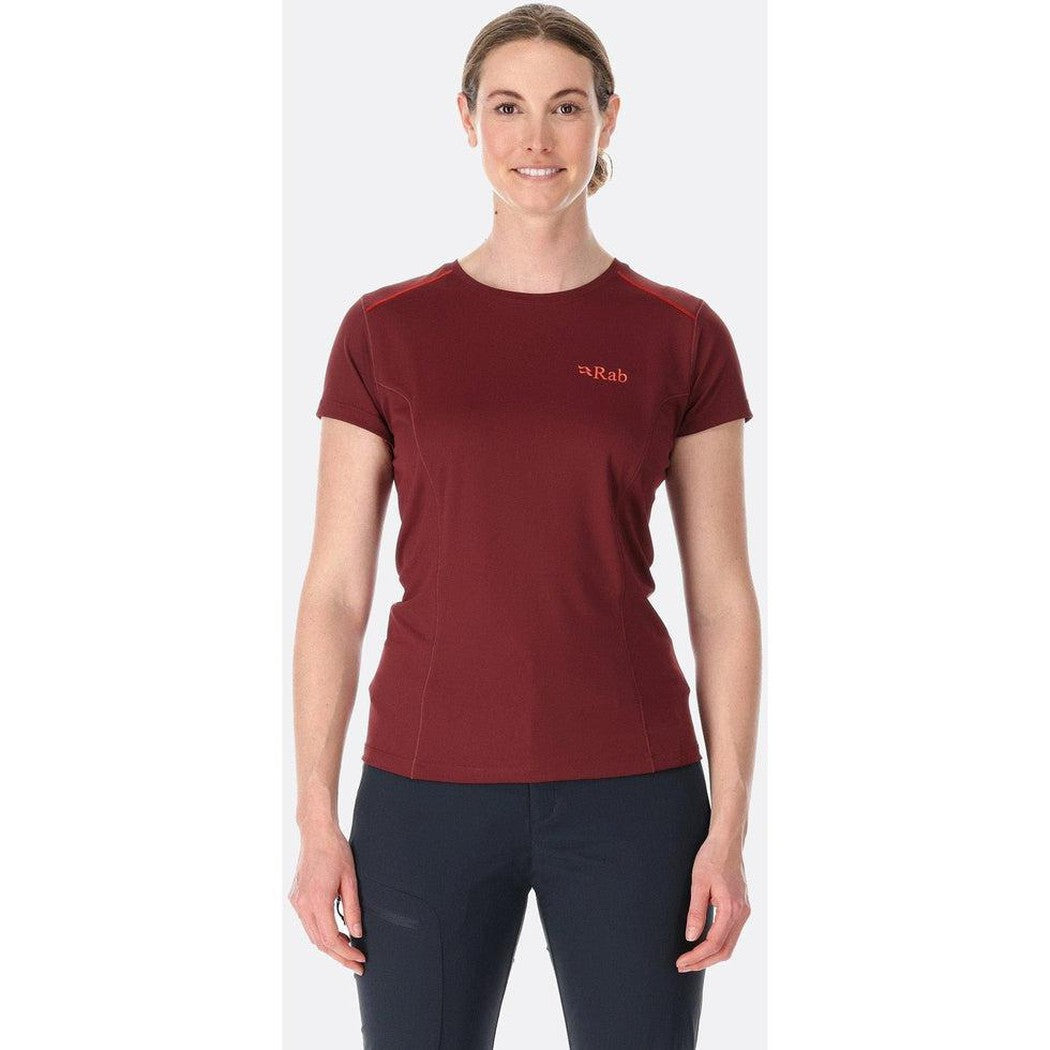 A front view of the Rab Women's Force Tee in Beluga on a model against a white background.