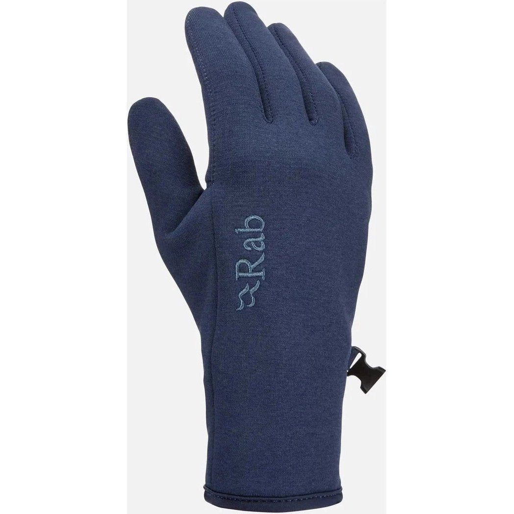 A close-up of the Rab Women's Geon Gloves in Black/Steel Marl, showing the logo and a small pull tab on the wrist, against a plain white background.